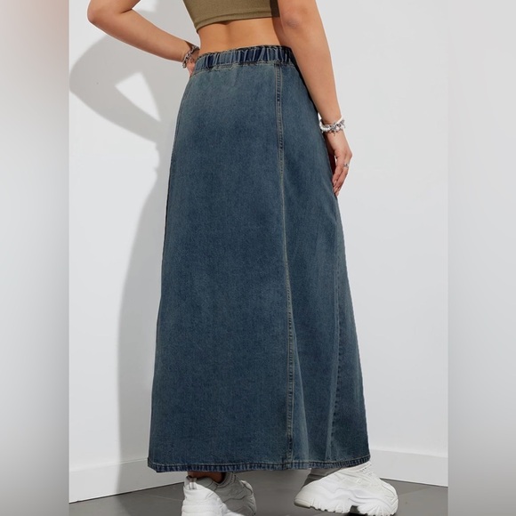 Elastic High Waist Long Denim Skirt Jean Skirt Cargo Flare A Line Maxi Dress - Picture 5 of 5